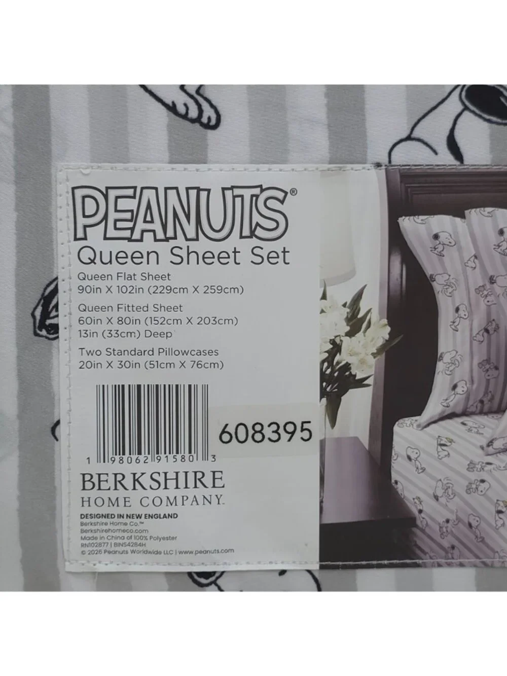 Peanuts Queen Sheet Set By Berkshire Snoopy & Woodstock Gray & White Stripes